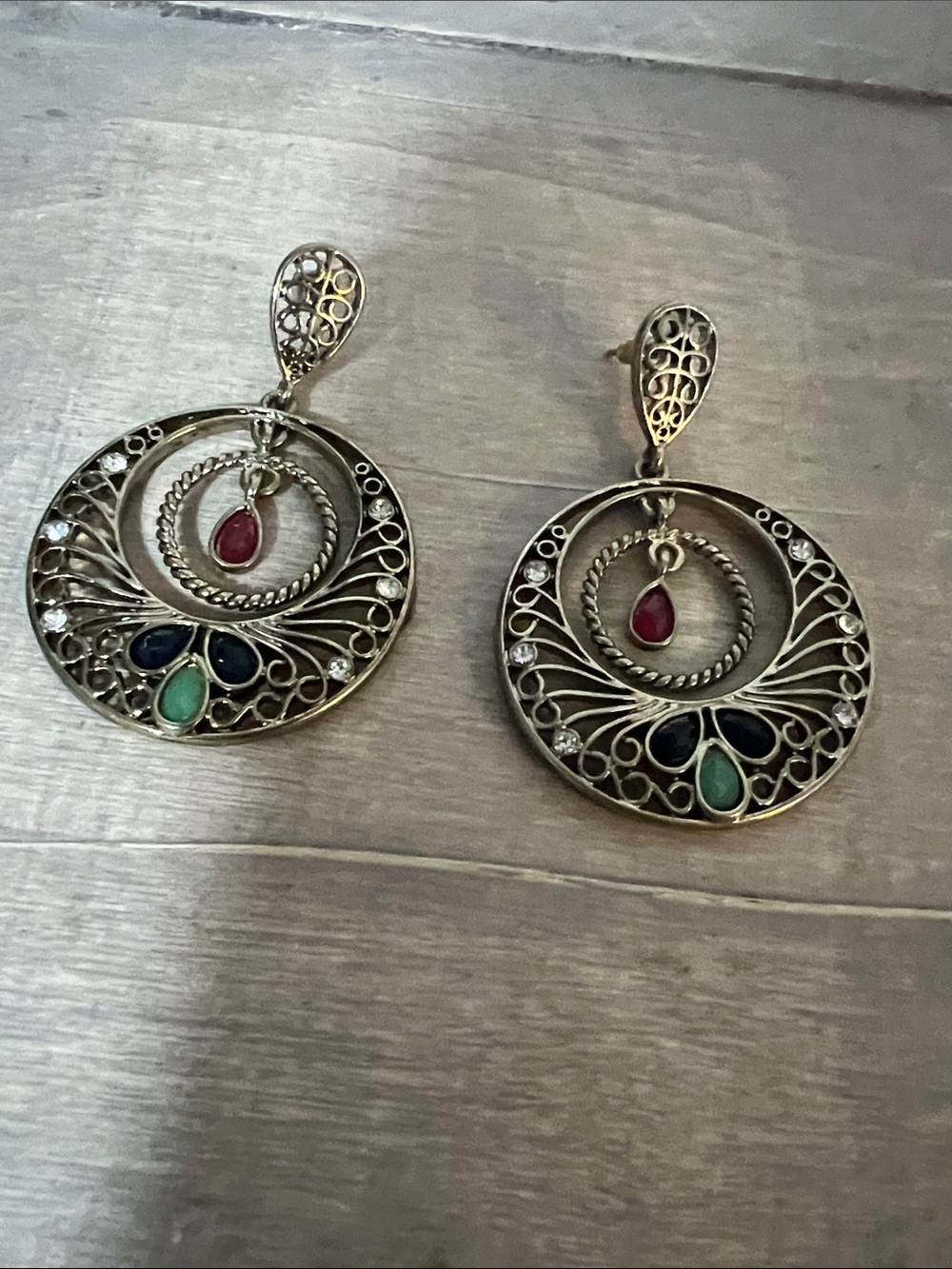 Gold-Tone Filigree Hoop Earrings with Red, Blue, and Green Stones
